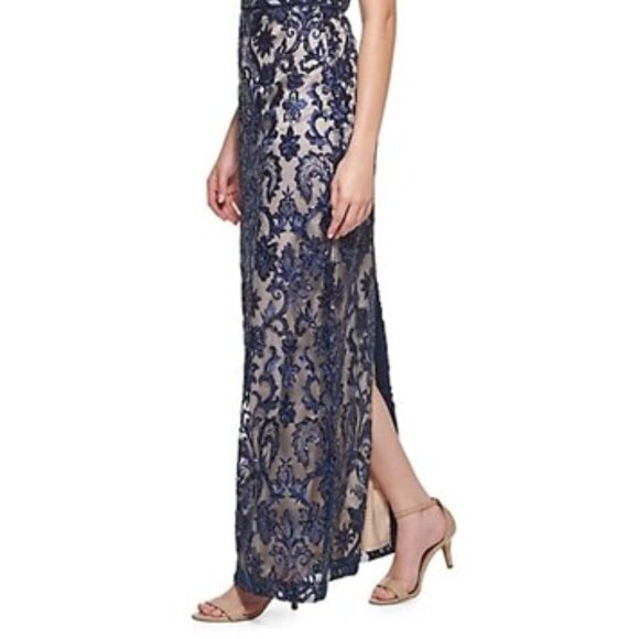 Navy Sleeveless Embroidered Sequin Gown - Picture 6 of 7